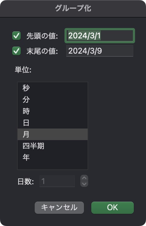 ピボットテーブルで月別集計をするためのグループ化